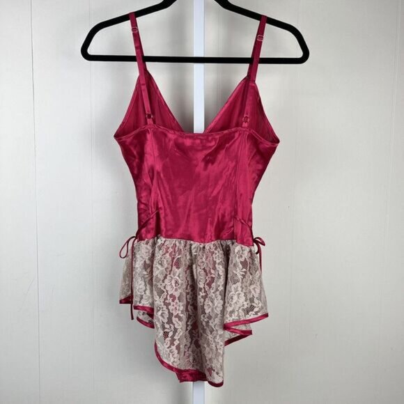 VTG Victoria's Secret Teddy Magenta Pink Satin Beige Lace Gold Label Medium - Picture 5 of 8